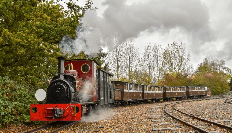 Burgundy-train-with-steam-coming-at-camera