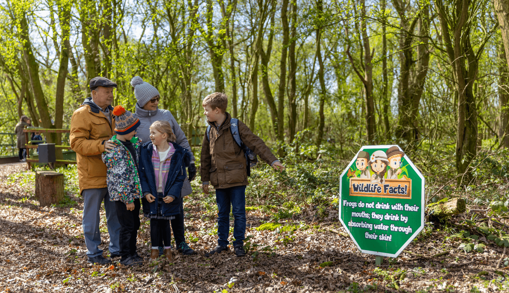 Grandparents and children reading the wildlife facts