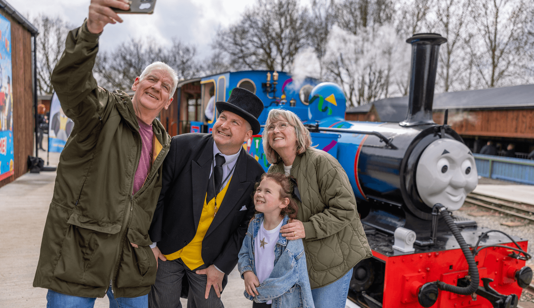 Grandparents Selfie with Child and Sir Topham Hatt at Statfold
