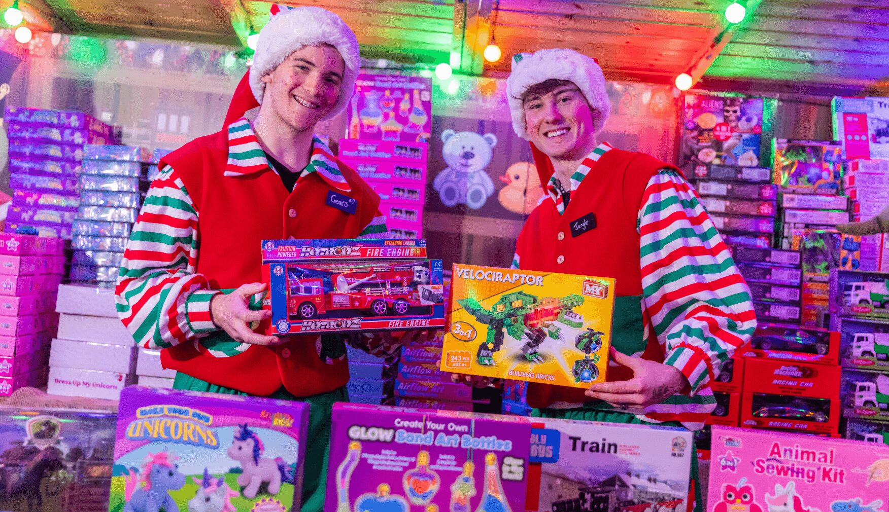 Elves with the toys in Santas Toyshop at Statfold